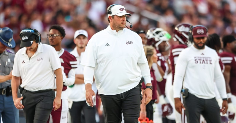 Sep 13, 2025; Starkville, Mississippi, USA; Mississippi State Bulldogs head coach Jeff Lebby looks on during the first half against the Alcorn State Braves at Davis Wade Stadium at Scott Field. Mandatory Credit: Wesley Hale-Imagn Images