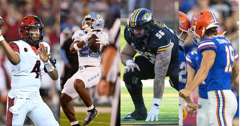 Michigan Wolverines football transfers Jayden Denegal, Benjamin Hall, Dominick Giudice and Tommy Doman. (Photos by USA TODAY Sports Images / Imagn)