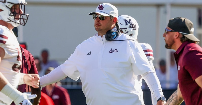Sep 27, 2025; Starkville, Mississippi, USA; Mississippi State Bulldogs head coach Jeff Lebby looks on against the Tennessee Volunteers during the first half at Davis Wade Stadium at Scott Field. Mandatory Credit: Wesley Hale-Imagn Images