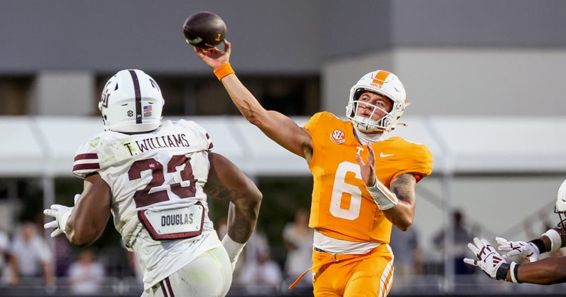 Sep 27, 2025; Starkville, Mississippi, USA; Tennessee Volunteers quarterback Joey Aguilar (6) throws the ball against the Mississippi State Bulldogs during the second half at Davis Wade Stadium at Scott Field. Mandatory Credit: Wesley Hale-Imagn Images