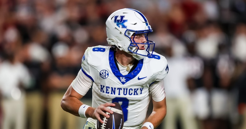 Sep 27, 2025; Columbia, South Carolina, USA; Kentucky Wildcats quarterback Cutter Boley (8) looks to pass against the South Carolina Gamecocks in the second quarter at Williams-Brice Stadium. Mandatory Credit: Jeff Blake-Imagn Images