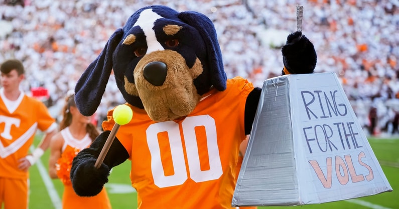 Brianna Paciorka/News Sentinel / USA TODAY NETWORK via Imagn Images | Smokey rings his own cowbell during a college football game between Tennessee and Mississippi State at Davis Wade Stadium in Starkville, Miss., on Sept. 27, 2025.