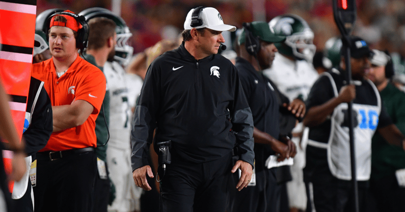 Michigan State Spartans head coach Jonathan Smith watches game action against the Southern California Trojans during the second half at the Los Angeles Memorial Coliseum. - Gary A. Vasquez, USA TODAY Sports