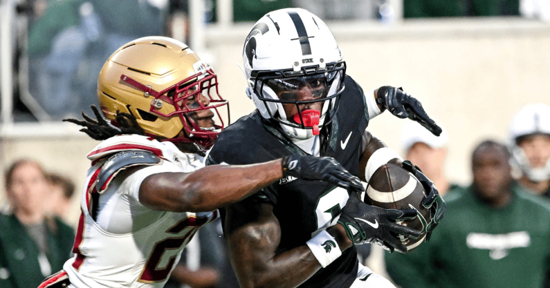 Michigan State's Nick Marsh, right, catches a touchdown pass as Boston College's Amari Jackson attempts to make the tackle during the first quarter on Saturday, Sept. 6, 2025, at Spartan Stadium. - Nick King, USA TODAY Sports