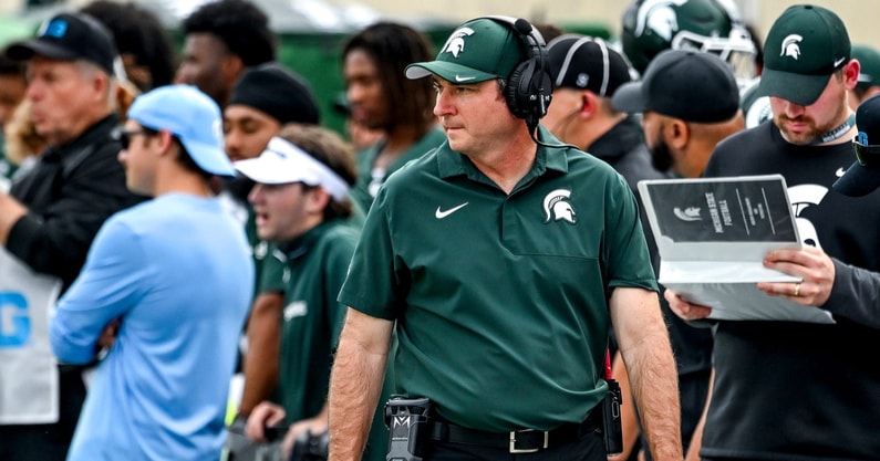 Michigan State's head coach Jonathan Smith looks on from the sideline during the second quarter in the game against Youngstown State on Saturday, Sept. 13, 2025, at Spartan Stadium in East Lansing. - Nick King, USA TODAY Sports