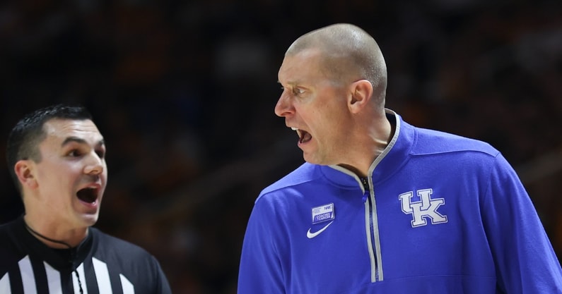Jan 28, 2025; Knoxville, Tennessee, USA; Kentucky Wildcats head coach Mark Pope shouts at an official during the first half against the Tennessee Volunteers at Thompson-Boling Arena at Food City Center. Mandatory Credit: Randy Sartin-Imagn Images