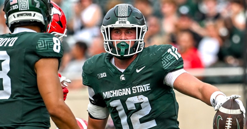 Michigan State's Jack Velling, right, celebrates a first down against Youngstown State during the second quarter on Saturday, Sept. 13, 2025, at Spartan Stadium in East Lansing. - Nick King, USA TODAY Sports