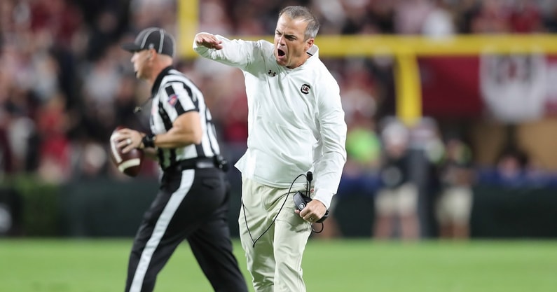 South Carolina's Shane Beamer celebrates against Texas A&M in 2024 (Photo: CJ Driggers | GamecockCentral.com)