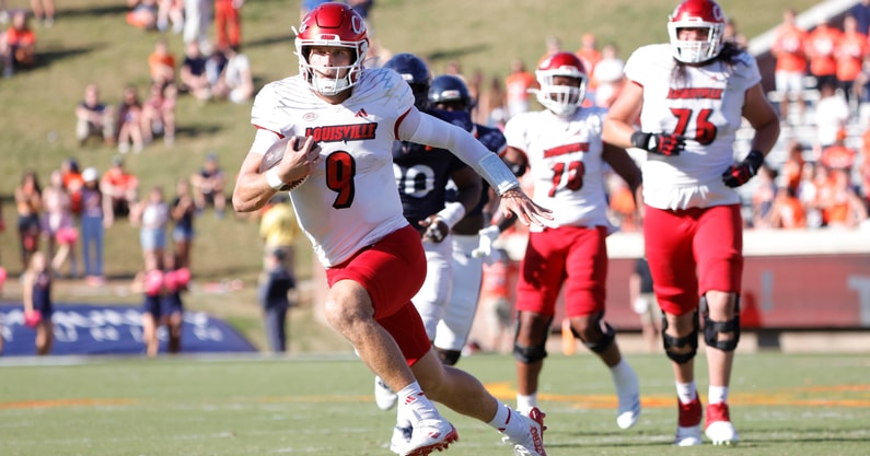 Oct 12, 2024; Charlottesville, Virginia, USA; Louisville Cardinals quarterback Tyler Shough (9) runs with the ball during the first half against the Virginia Cavaliers at Scott Stadium. Mandatory Credit: Amber Searls-Imagn Images