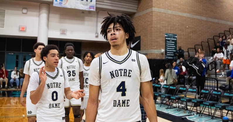 Jan 4, 2025; Gilbert, AZ, USA; Notre Dame High School (CA) forward Tyran Stokes (4) against Sandra Day O'Connor (AZ) during the Hoophall West High School Invitational at Highland High School. Mandatory Credit: Mark J. Rebilas-Imagn Images