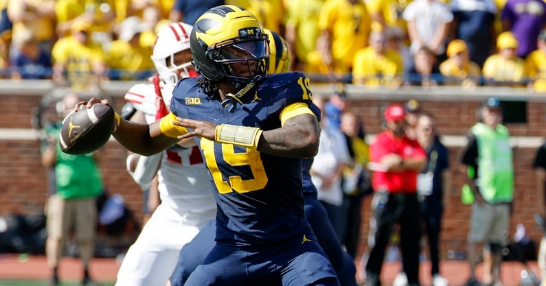 Oct 4, 2025; Ann Arbor, Michigan, USA; Michigan Wolverines quarterback Bryce Underwood (19) passes in the first half against the Wisconsin Badgers at Michigan Stadium. Mandatory Credit: Rick Osentoski-Imagn Images