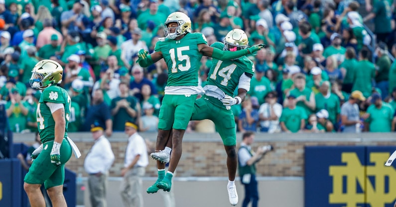 Notre Dame DBs Leonard Moore and Dallas Golden Boise State