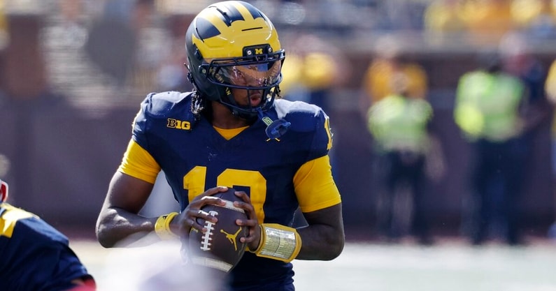 Oct 4, 2025; Ann Arbor, Michigan, USA; Michigan Wolverines quarterback Bryce Underwood (19) passes in the first half against the Wisconsin Badgers at Michigan Stadium. Mandatory Credit: Rick Osentoski-Imagn Images