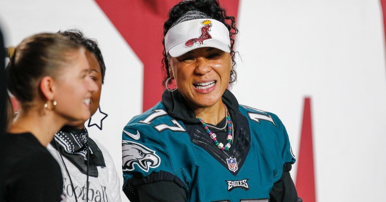 South Carolina women's basketball coach Dawn Staley wearing a jersey of former Gamecock and Philadelphia Eagle, Alshon Jeffery. Photo by: Chris Gillespie | GamecockCentral