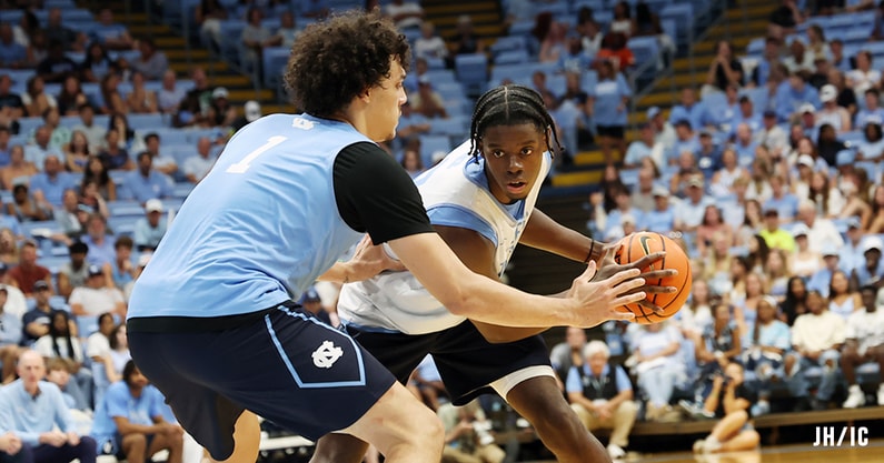 Caleb Wilson faces up Zayden High during UNC basketball's Blue-White scrimmage.