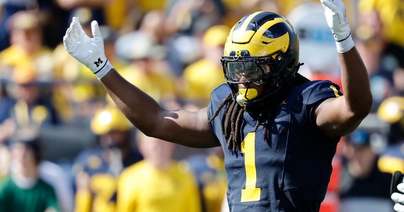 Oct 4, 2025; Ann Arbor, Michigan, USA; Michigan Wolverines linebacker Jaishawn Barham (1) reacts in the second half against the Wisconsin Badgers at Michigan Stadium. Mandatory Credit: Rick Osentoski-Imagn Images