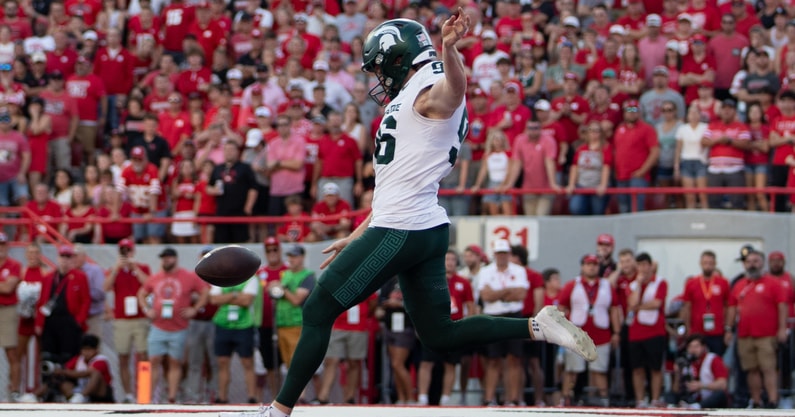 Michigan State Spartans punter Ryan Eckley (96) punts from his own end zone during the game against Nebraska at Memorial Stadium. - Kylie Graham, USA TODAY Sports