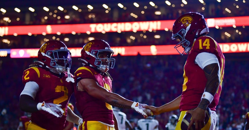 USC standout offensive players Waymond Jordan, Makai Lemon and Jayden Maiava. (Photo by Gary A. Vasquez-Imagn Images)