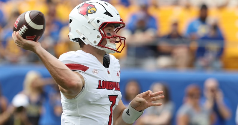 Sep 27, 2025; Pittsburgh, Pennsylvania, USA; Louisville Cardinals quarterback Miller Moss (7) passes against the Pittsburgh Panthers during the first quarter at Acrisure Stadium. Mandatory Credit: Charles LeClaire-Imagn Images