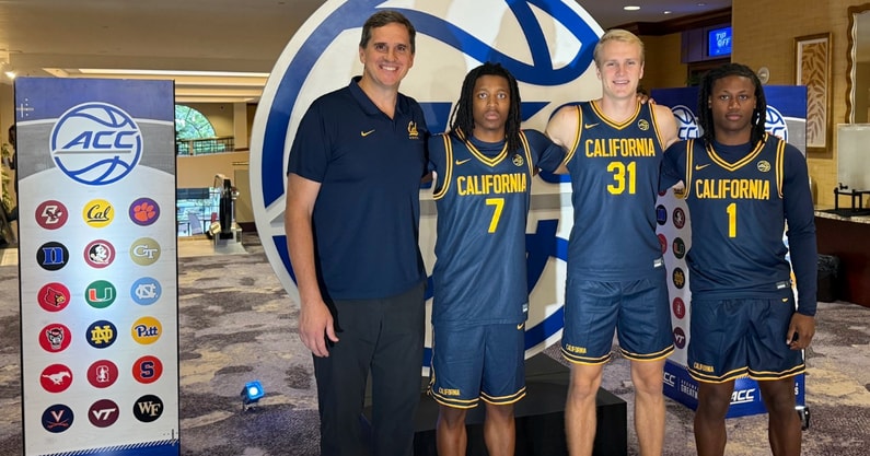 Cal head coach Mark Madsen and players at ACC Tipoff