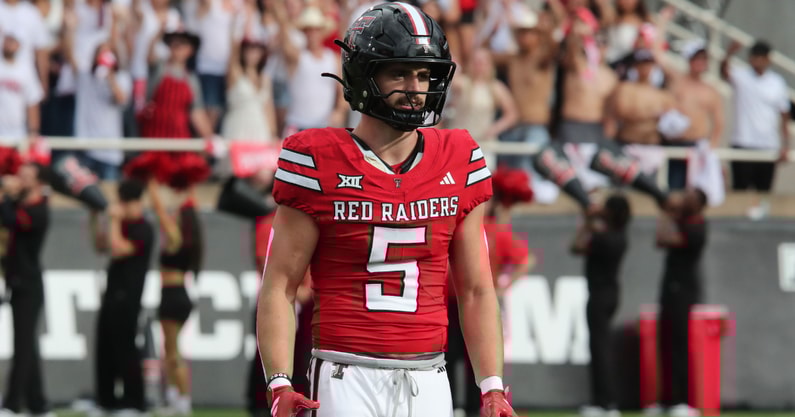 Sep 13, 2025; Lubbock, Texas, USA; Texas Tech Red Raiders defensive safety Cole Wisniewski (5) looks to the sideline in the first half during the game against the Oregon State Beavers at Jones AT&T Stadium. Mandatory Credit: Michael C. Johnson-Imagn Images