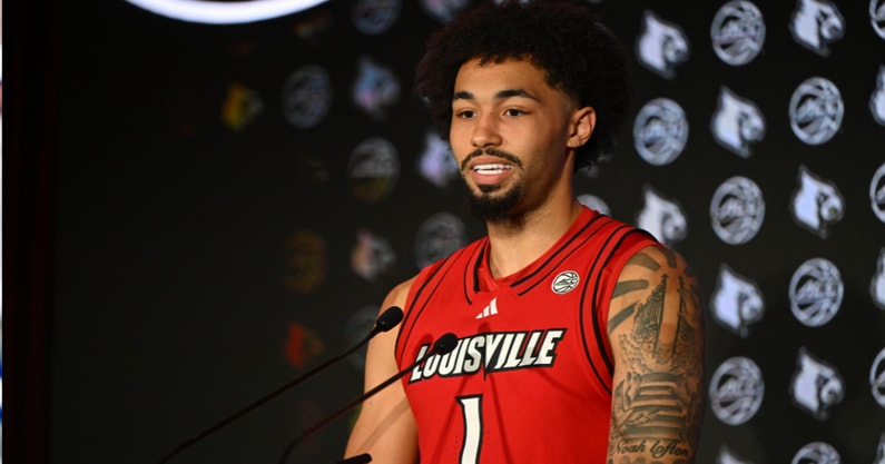 Oct 8, 2025; Charlotte, NC, USA; Louisville player J'Vonne Hadley answers questions from the media at The Hilton Charlotte Uptown. Mandatory Credit: William Howard-Imagn Images
