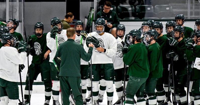 Michigan State's head coach Adam Nightingale talks to the team during hockey practice on Thursday, Sept. 25, 2025, at Munn Arena in East Lansing. - Nick King, USA TODAY Sports