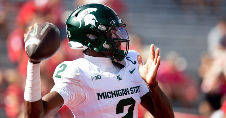 Michigan State Spartans quarterback Aidan Chiles (2) warms up before the game against the Nebraska Cornhuskers at Memorial Stadium. - Kylie Graham, USA TODAY Sports