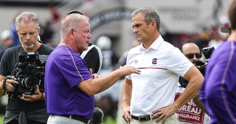 South Carolina coach Shane Beamer and LSU coach Brian Kelly (Photo: Katie Dugan | GamecockCentral.com)