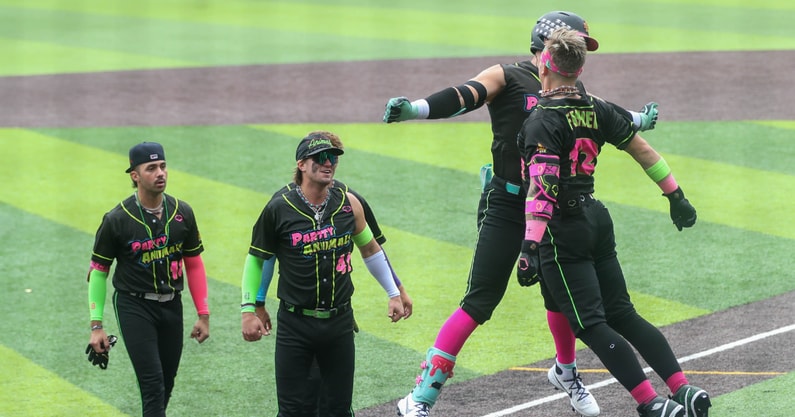The Party Animals celebrate in a game of Banana Ball in Savannah, via Richard Burkhart:Savannah Morning News : USA TODAY NETWORK via Imagn Images