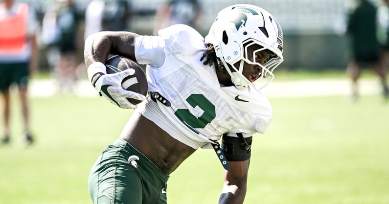 Michigan State's Aydan West runs with the ball during football practice on Monday, Aug. 11, 2025, in East Lansing. - Nick King, USA TODAY Sports