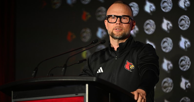 Oct 8, 2025; Charlotte, NC, USA; Louisville head coach Pat Kelsey answers questions from the media at The Hilton Charlotte Uptown. Mandatory Credit: William Howard-Imagn Images