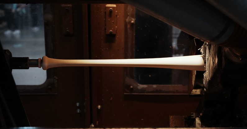 A bat billet is formed into a torpedo bat inside a baseball bat lathe at the Louisville Slugger Museum & Factory in Louisville, Ky. on Mar. 31, 2025 - Sam Upshaw Jr./Courier Journal / USA TODAY NETWORK via Imagn Images