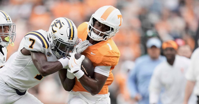 Caitie McMekin/News Sentinel / USA TODAY NETWORK via Imagn Images | Tennessee wide receiver Travis Smith Jr. (1) is pushed out of bounds during a college football game between Tennessee and ETSU at Neyland Stadium in Knoxville, Tennessee, on August 30, 2025.