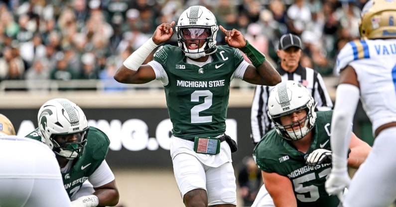 Michigan State's Aidan Chiles prepares for the snap against UCLA during the first quarter on Saturday, Oct. 11, 2025, at Spartan Stadium in East Lansing. - Nick King, USA TODAY Sports