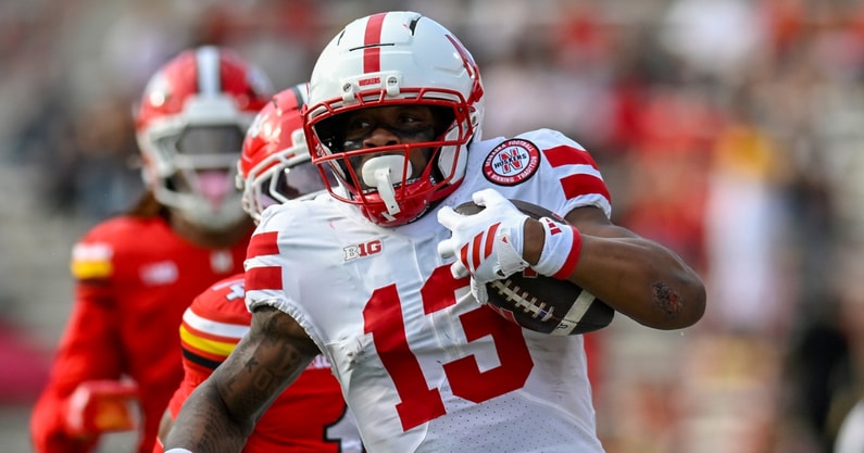Nebraska football WR Nyziah Hunter scores one of his two TDs during the Huskers' 34-31 win over Maryland