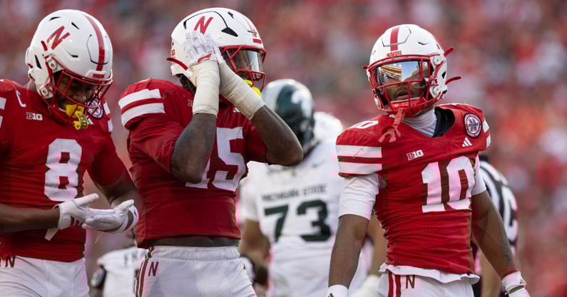 Nebraska football's Dasan McCullough (15), Andrew Marshall (10) and DeShon Singleton (8) during the Huskers' 38-27 win over Michigan State