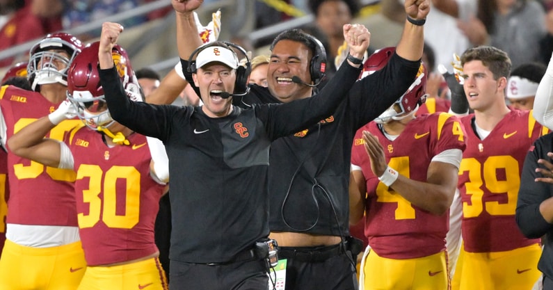 USC Trojans head coach Lincoln Riley celebrates on the sideline