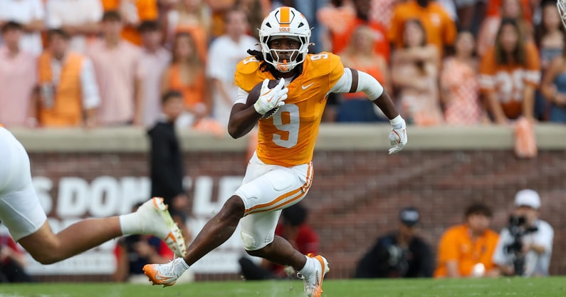 Oct 11, 2025; Knoxville, Tennessee, USA; Tennessee Volunteers running back Star Thomas (9) runs the ball against the Tennessee Volunteers during the second half at Neyland Stadium. Mandatory Credit: Randy Sartin-Imagn Images