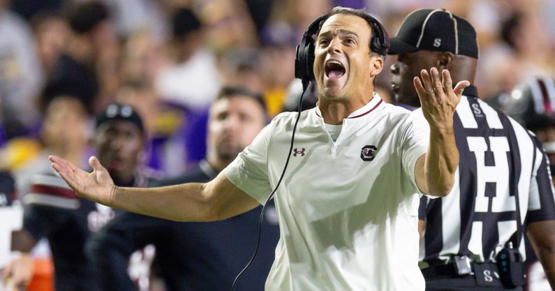 Oct 11, 2025; Baton Rouge, Louisiana, USA; South Carolina Gamecocks head coach Shane Beamer reacts to a play against the LSU Tigers during the second half at Tiger Stadium. Mandatory Credit: Stephen Lew-Imagn Images