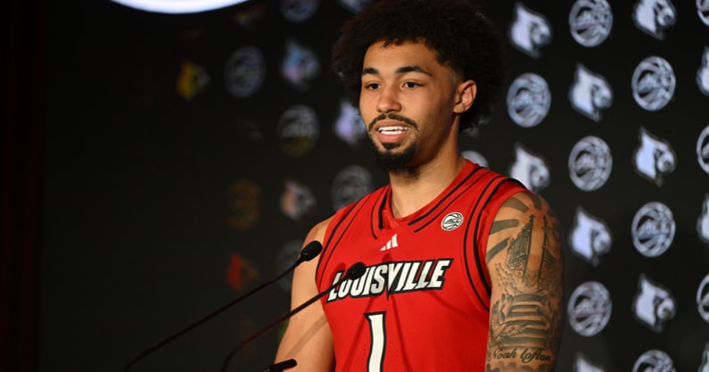 Oct 8, 2025; Charlotte, NC, USA; Louisville player J'Vonne Hadley answers questions from the media at The Hilton Charlotte Uptown. Mandatory Credit: William Howard-Imagn Images)