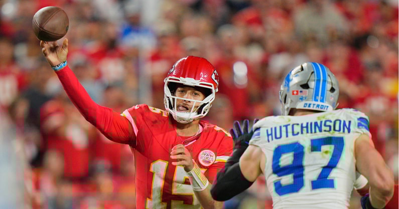 Oct 12, 2025; Kansas City, Missouri, USA; Kansas City Chiefs quarterback Patrick Mahomes (15) makes a throw against the Detroit Lions during the second half at GEHA Field at Arrowhead Stadium.