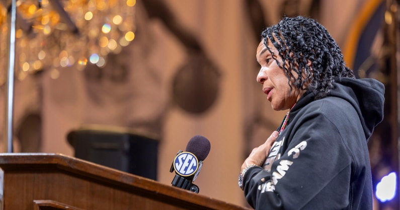 South Carolina Gamecocks head coach Dawn Staley talks with the media during SEC Media Days at Grand Bohemian Hotel. Mandatory Credit: Vasha Hunt-Imagn Images