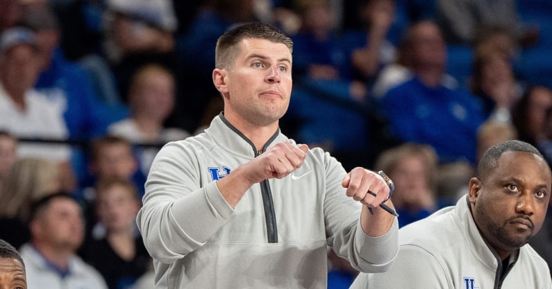 Kentucky Wildcats assistant coach Cody Fueger calls out to the team during the Kentucky Blue-White preseason event on Friday, Oct. 18, 2024 at the Memorial Coliseum. © Clare Grant/Courier Journal / USA TODAY NETWORK via Imagn Images