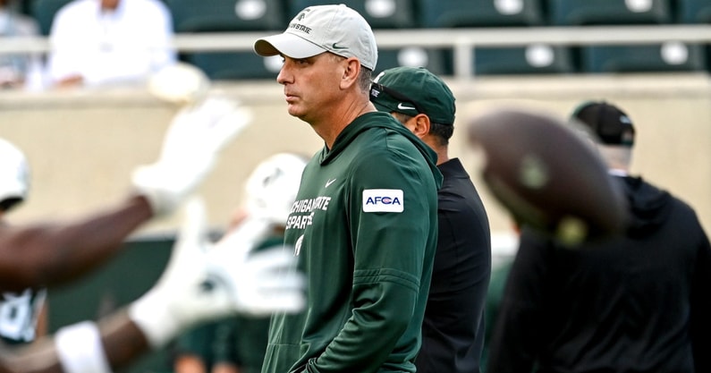 Michigan State's offensive coordinator Brian Lindgren watches during warmups before the football game against Western Michigan on Friday, Aug. 29, 2025, in East Lansing. - Nick King, USA TODAY Sports