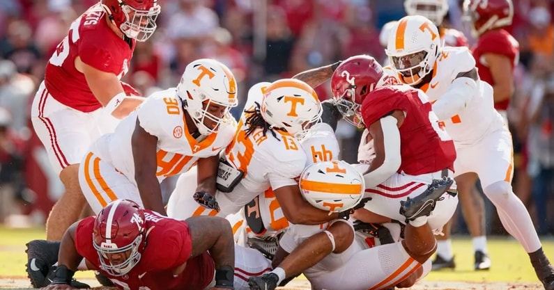 The Tennessee Volunteers during the game between the Alabama Crimson Tide and the Tennessee Volunteers at Bryant-Denny Stadium in Tuscaloosa, AL. Photo By Kate Luffman/Tennessee Athletics