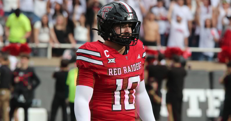 Sep 13, 2025; Lubbock, Texas, USA; Texas Tech Red Raiders defensive back Jacob Rodriguez (10) looks to the sidelines in the first half during the game against the Oregon State Beavers at Jones AT&T Stadium. Mandatory Credit: Michael C. Johnson-Imagn Images