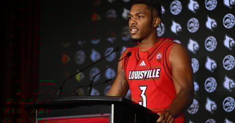 Oct 8, 2025; Charlotte, NC, USA; Louisville player Ryan Conwell answers questions from the media at The Hilton Charlotte Uptown. Mandatory Credit: William Howard-Imagn Images