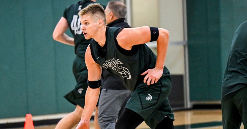 Michigan State's Jaxon Kohler moves with the ball during the first day of basketball practice on Monday, Sept. 22, 2025, at the Breslin Center in East Lansing. - Nick King, USA TODAY Sports