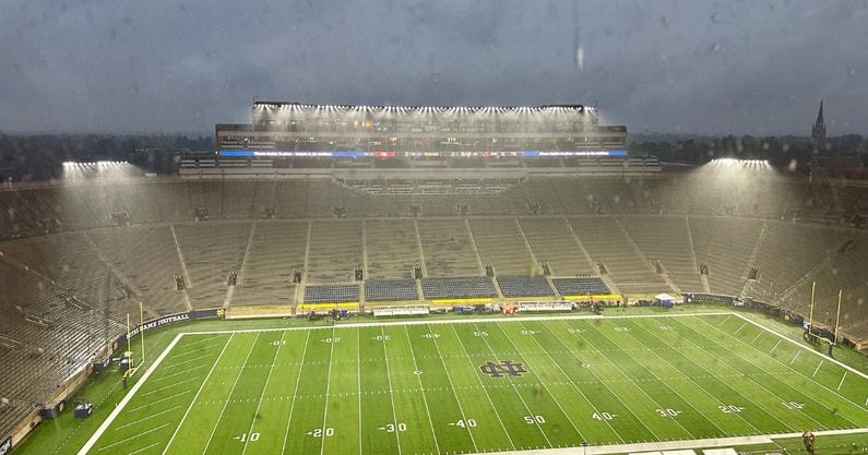 A rainy Notre Dame stadium ahead of the Fighting Irish hosting the USC Trojans